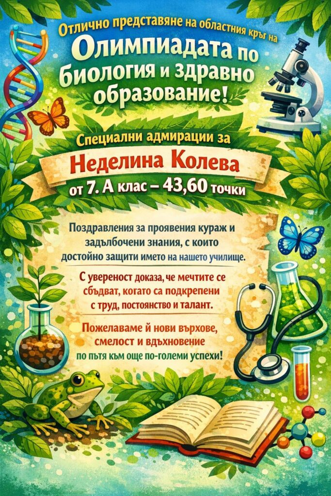 Отлично представяне на областния кръг на Олимпиадата по биология и здравно образование!